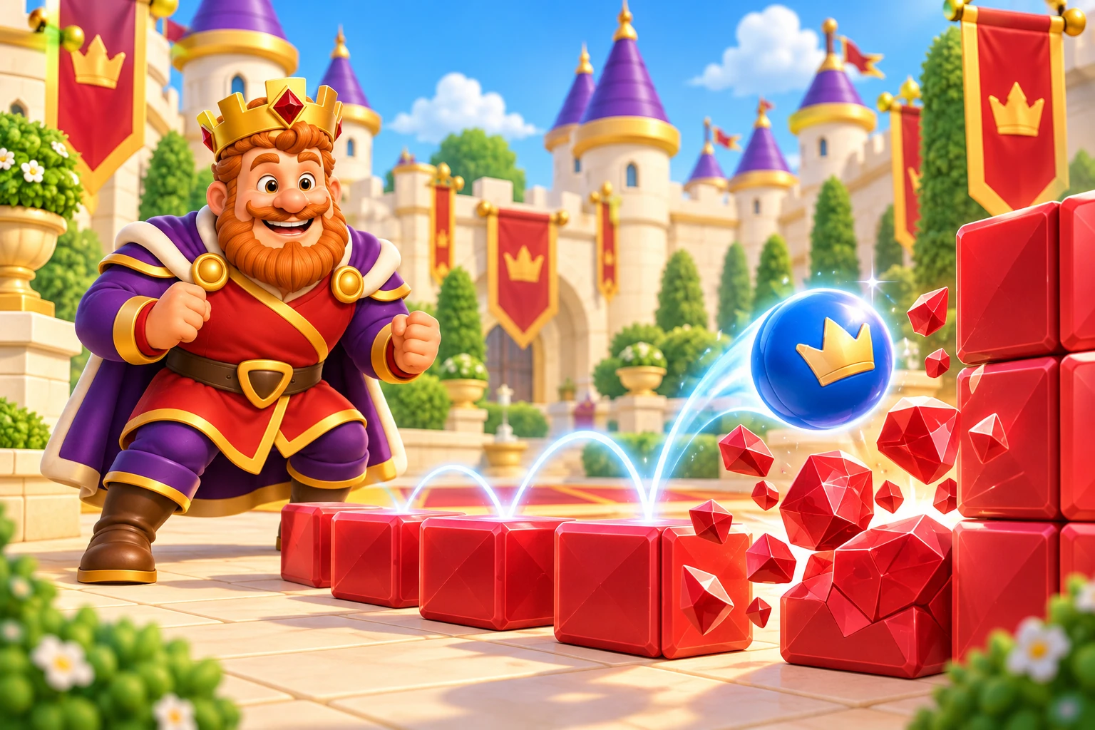 A crowned blue ball bouncing through red blocks while the King cheers