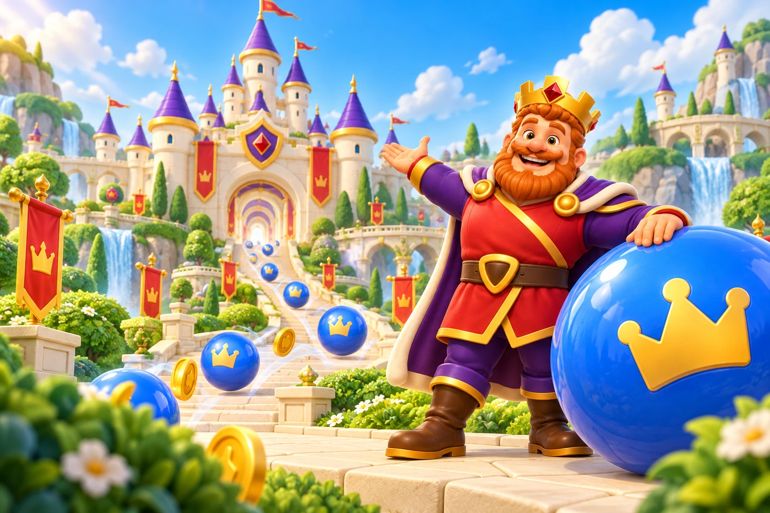 The King and a crowned blue ball in a sunny castle garden